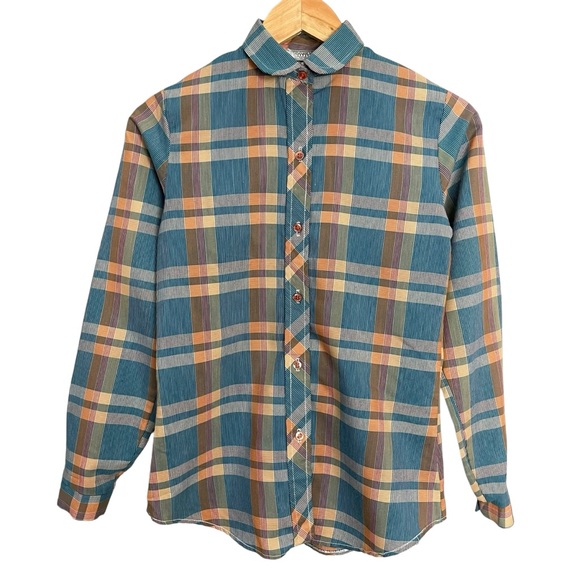 Vintage Tops - Vintage 70s 80s Plaid Shirt Women Retro Blue Orange Button-Up Long‎ Sleeve ILGWU